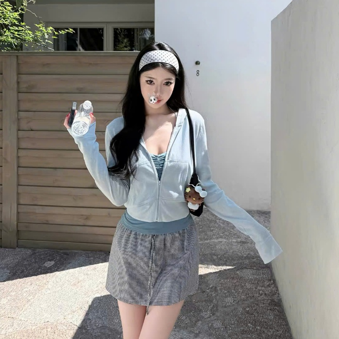 SUXING | Áo Khoác Nỉ Croptop Có Mũ, Áo Hoodie Zip Dáng Ngắn Phong Cách Năng Động Cho Nữ