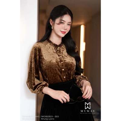 Áo Thun Nữ Dài Tay Nhung Nâu Cổ Bèo Golden Plush MY WAY  Sang Trọng Thanh Lịch 5MA03316