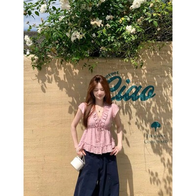 LYRA - Áo Babydoll Nữ Cổ V Phối Ren Bèo Buộc Nơ Tay Cánh Tiên Dáng Xòe Tiểu Thư Hàn Quốc CSYAP0353