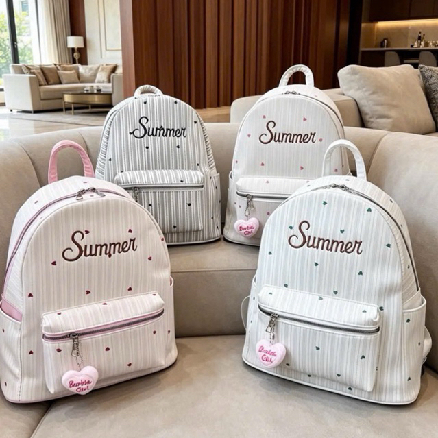 Balo Nữ Summer Kẻ Sọc Chấm Tim Kèm Móc Treo Barbie Girl– Balo Đi Học, Đi Chơi T854