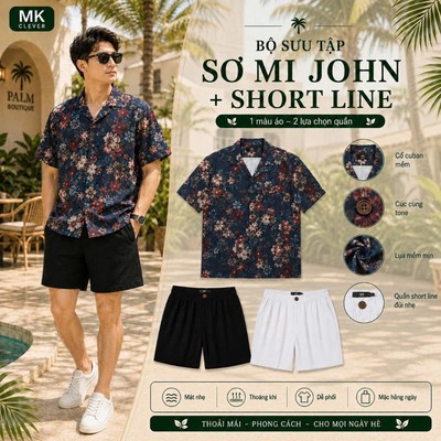 Set Bộ Nam Áo Sơ Mi Cuban John và Quần Short Đũi Line MK CLEVER Đồ bộ nam Form Thoáng Mát, Set Đồ Nam Trẻ Trung Mùa Hè