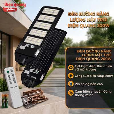 Bộ Đèn Đường Led Solar NLMT Năng Lượng Mặt Trời Cảm Biến Điện Quang 200W Ánh Sáng Trắng, Chống nước, Tấm Pin Tích Hợp)