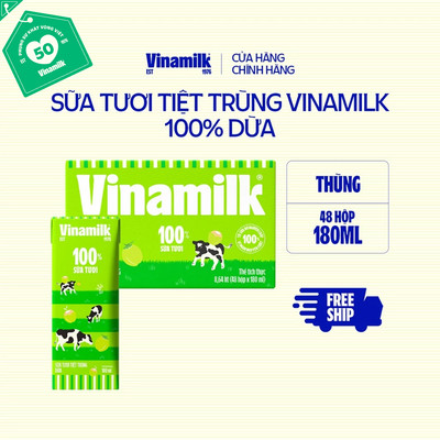 Thùng 48 Hộp Sữa tươi tiệt trùng Vinamilk 100% Dừa 180ml
