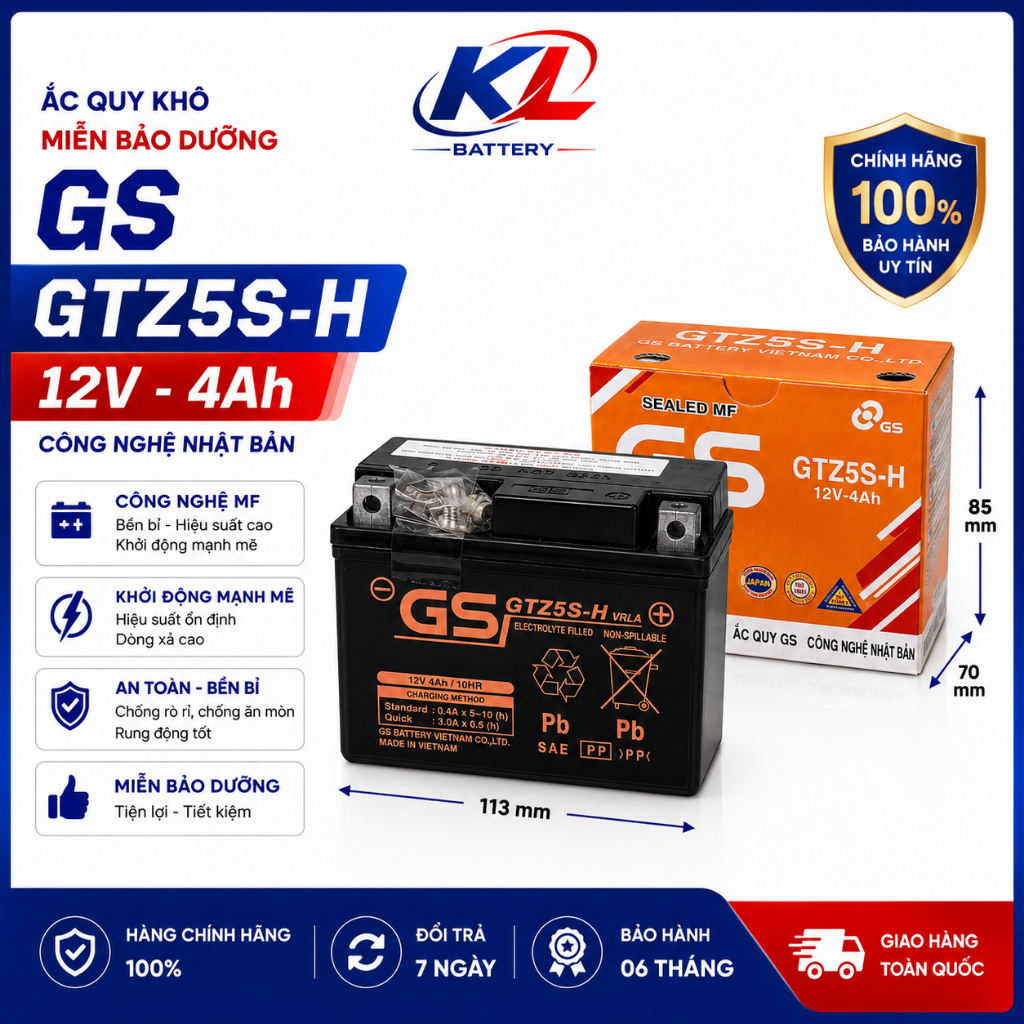 Ắc quy xe máy GS GTZ5S-H 12V 4AH khô miễn bảo dưỡng chính hãng bảo hành 6 tháng