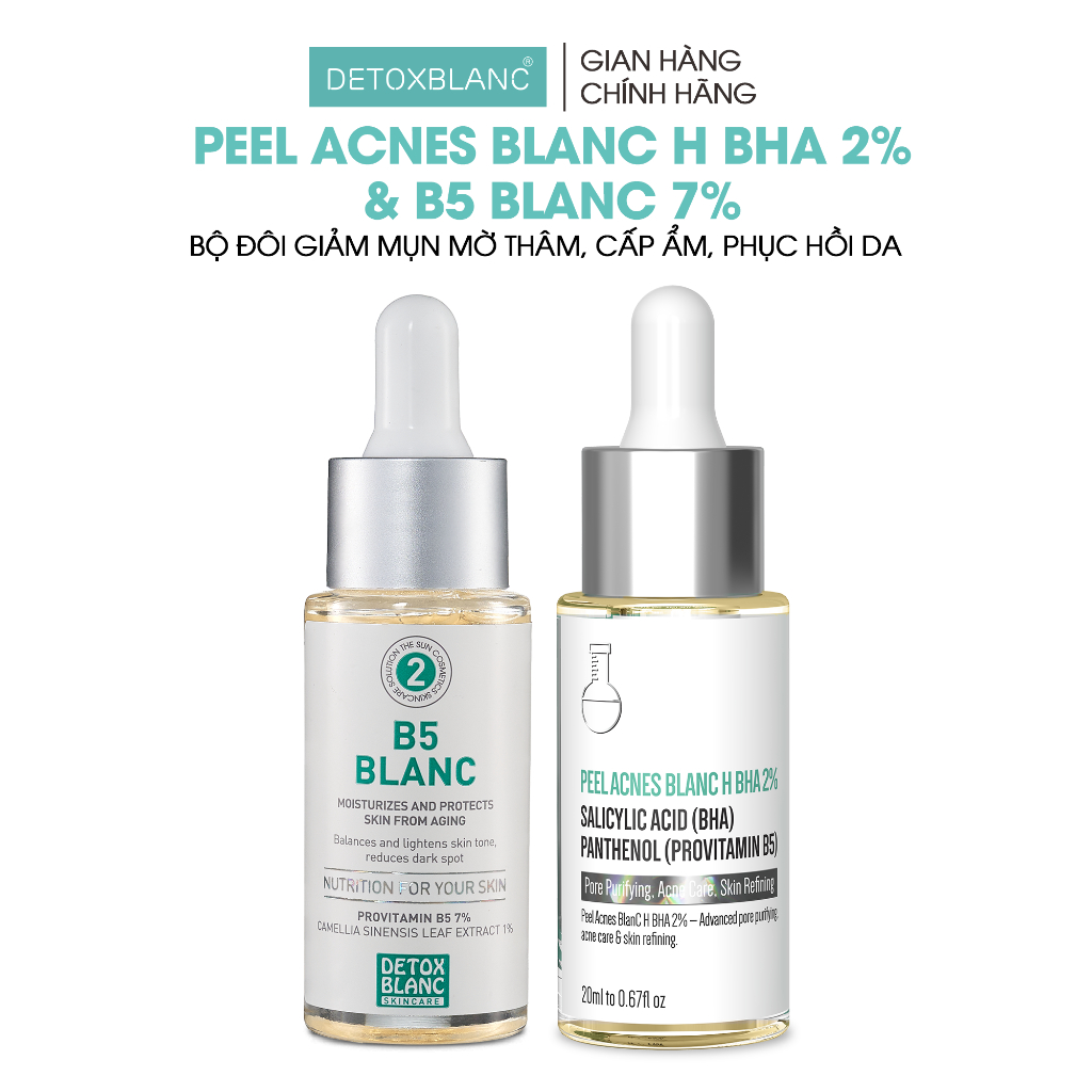 DETOXBLANC Combo Peel Acnes Blanc H 2%BHA + B5 Blanc Hỗ Trợ Tẩy Tế Bào Chết Giảm Mụn Ẩn Mụn Đầu Đen 