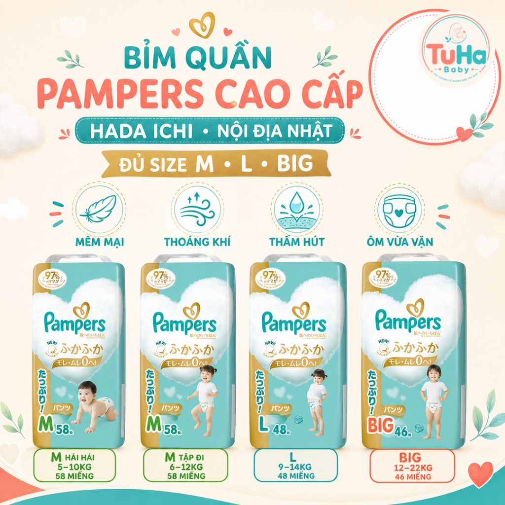 Bỉm quần Pampers nội địa Nhật - mềm mại, thoáng khí