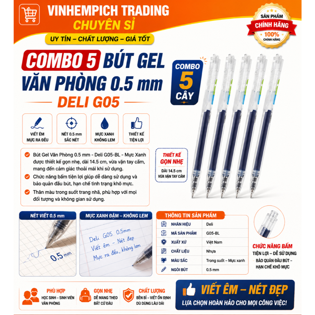 Combo 5 Bút Gel Văn Phòng 0.5 mm - Deli G05