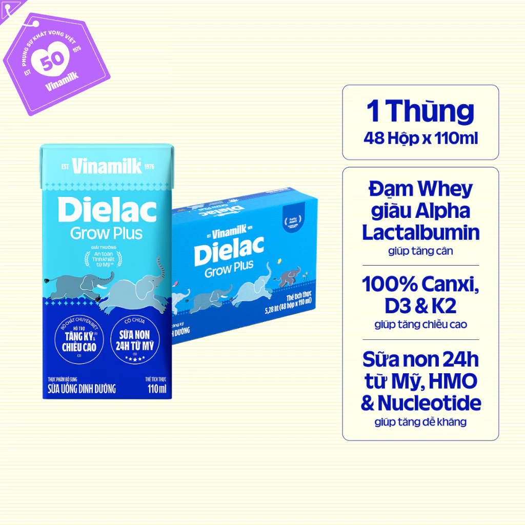 Thùng 48 hộp Sữa Non Vinamilk Dielac Grow Plus (Sữa Uống Dinh Dưỡng) 110ml|Có thể nhận Bao Bì Cũ/Mới | BigBuy360 - bigbuy360.vn