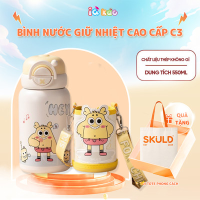 Bình Nước Giữ Nhiệt SKULD C3 550ml Cho Bé, 2 Nắp Ống Hút Và Cốc Uống, Giữ Ấm 12 Giờ, Kèm Dây Đeo Tiện Lợi IQKAO