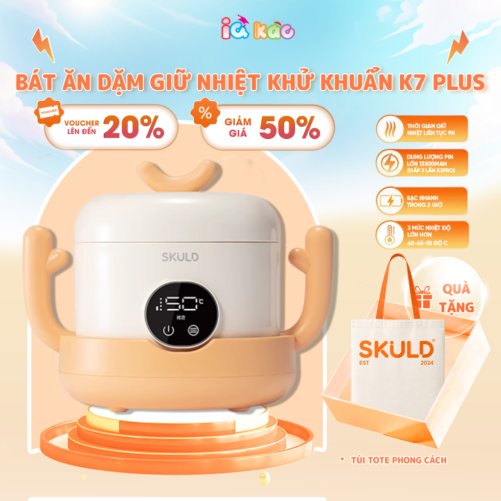 Bát Ăn Dặm Giữ Nhiệt SKULD K7PLUS -Bình Ủ Cháo,Tích Điện Khử Khuẩn UV, Chống Nước IPX7, Làm Ấm Đa Ch