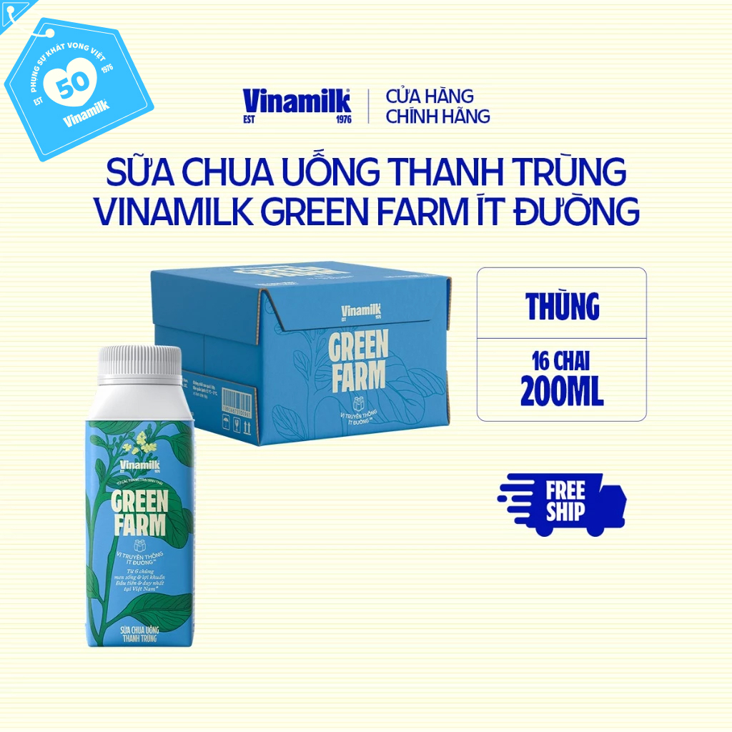 [CHỈ GIAO HCM+HN] Thùng 16 chai sữa chua uống thanh trùng Vinamilk Green Farm Ít đường - chai 200ml