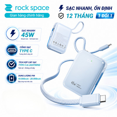 Pin sạc dự phòng ROCKSPACE C03/C04 sạc nhanh 45W tích hợp cáp hàng chính hãng có bảo hành
