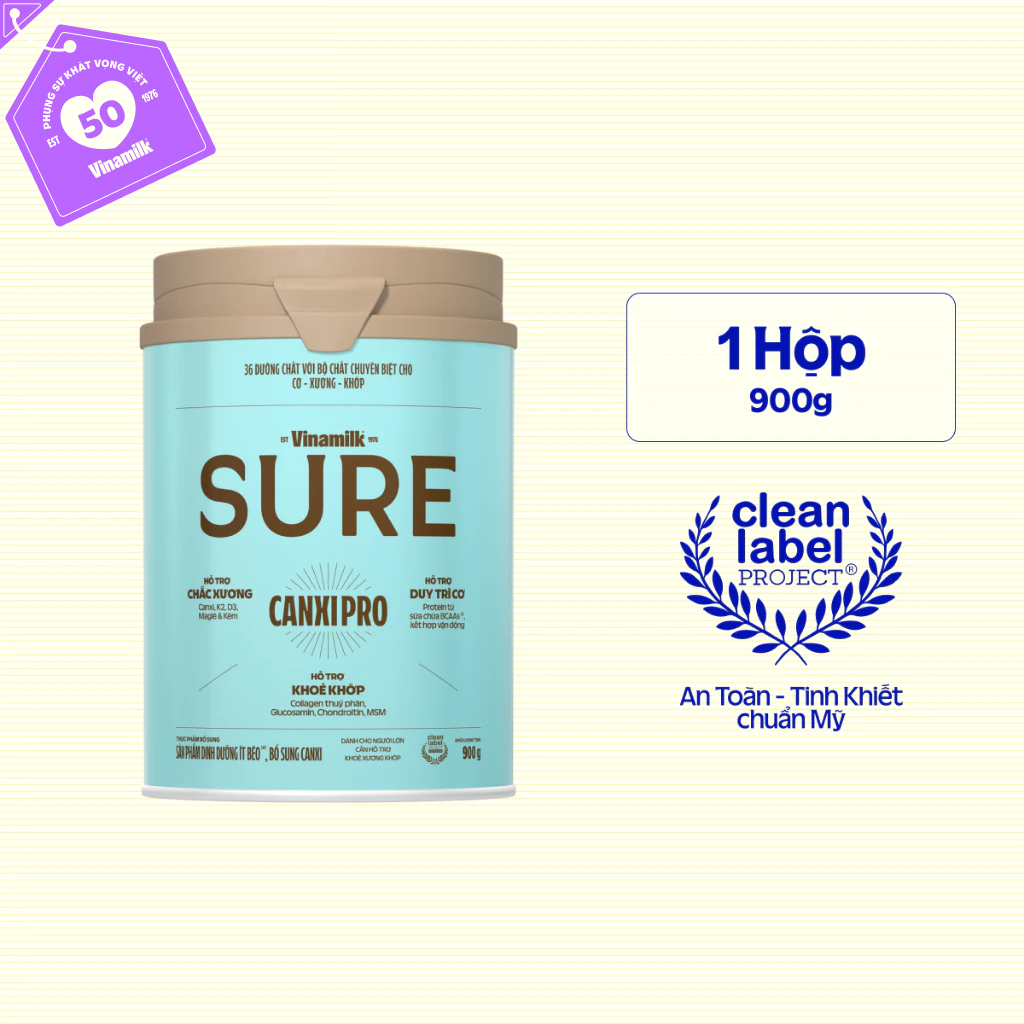 Sữa bột Vinamilk Sure CanxiPro 900g (Hộp thiếc) - Sữa bổ sung Canxi cho người già cao tuổi, Tốt cho xương khớp | BigBuy360 - bigbuy360.vn