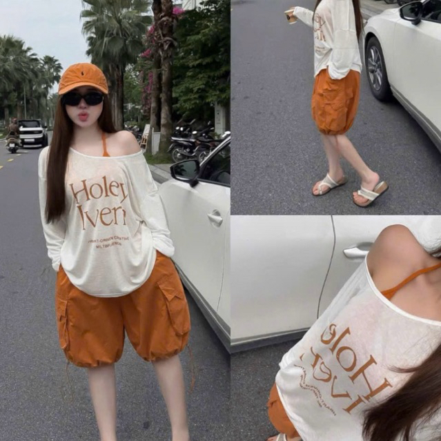 Set Áo Thun Giấy 2 Chi Tiết #3289 In Chữ Holey Ivern Kèm Áo Hai Dây Lót Trong Style Hàn Quốc Y2K Fre
