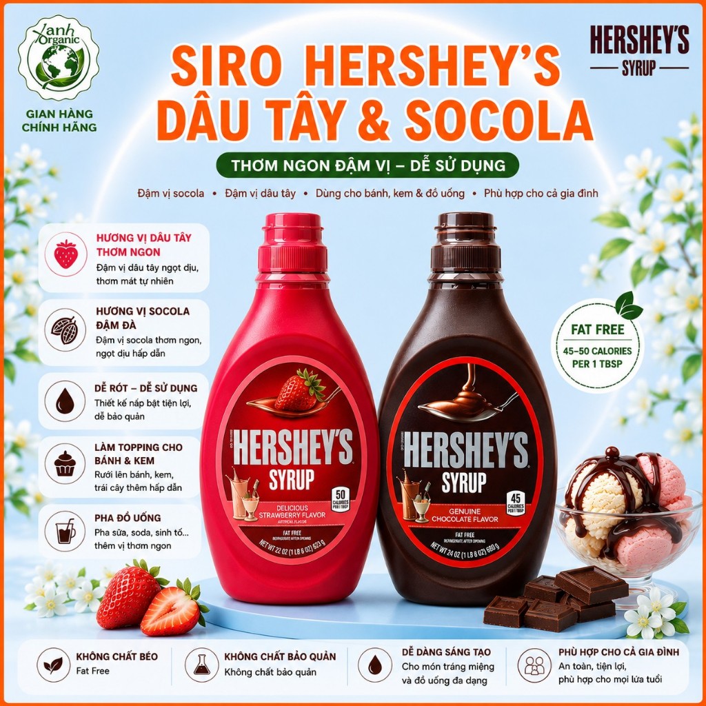 Sốt Siro Socola Dâu HERSHEY'S Syrup Chocolate Strawberry Dùng Pha Chế Làm Bánh