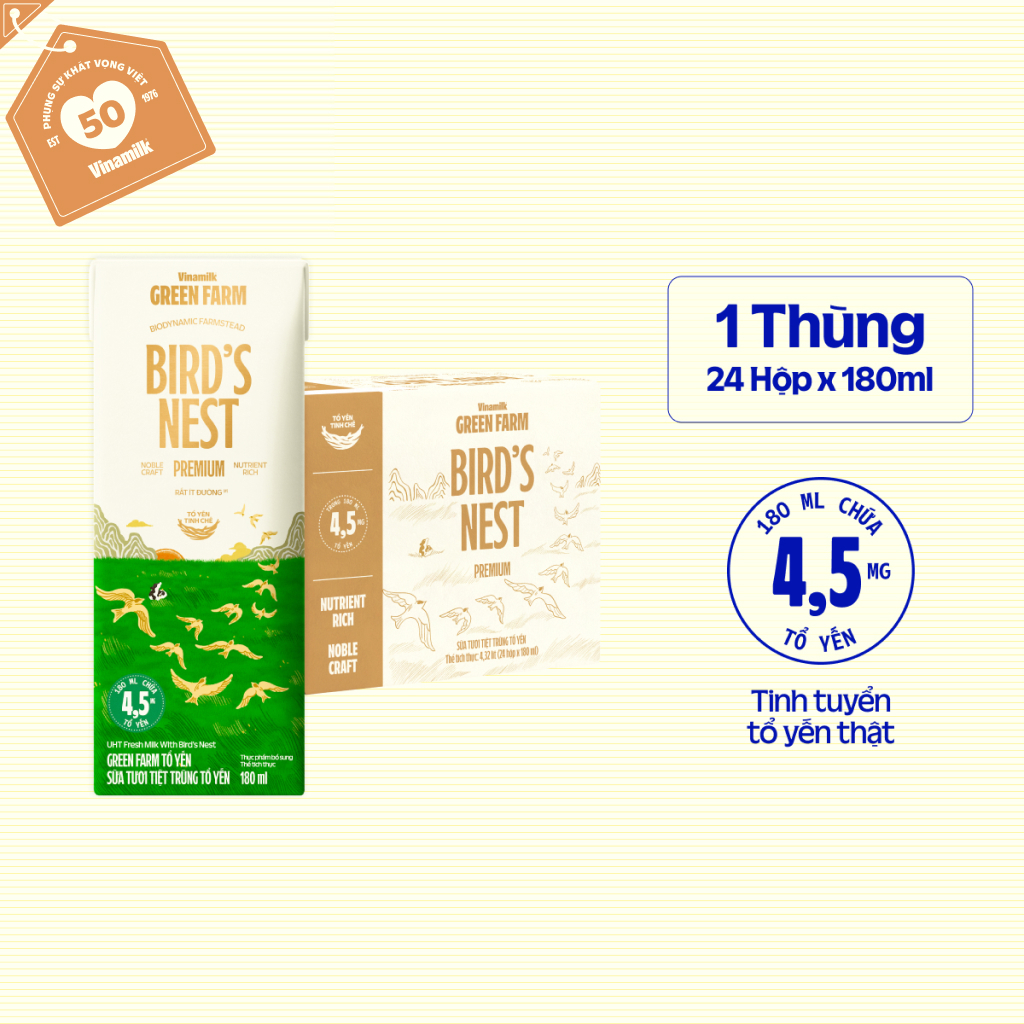 Thùng 24 hộp Sữa tươi tiệt trùng chứa tổ yến Vinamilk Green farm - hộp 180ml