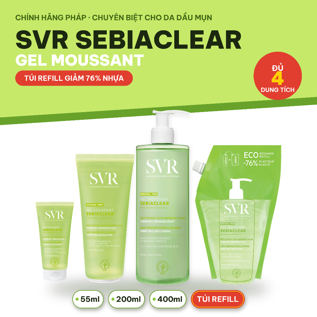 Sữa Rửa Mặt SVR Cho Da Dầu Mụn - SVR Sebiaclear Gel Moussant 55ml-200ml-400ml Loại Bỏ Tế Bào Da Chết SRM- Dr Thêm