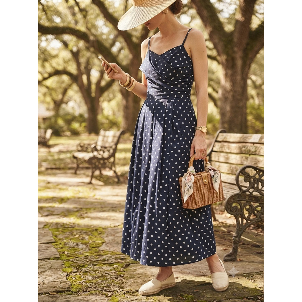 Đầm/Váy cotton chấm bi xanh nữ 2 dây dáng xòe đẹp vintage thanh lịch hợp đi làm, đi chơi hiệu Asos