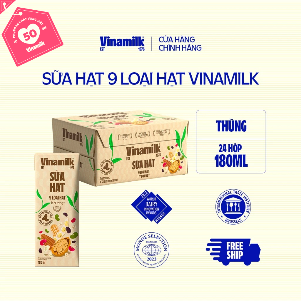 Thùng 24 hộp Sữa hạt 9 loại hạt Vinamilk ít đường - hộp 180ml | BigBuy360 - bigbuy360.vn