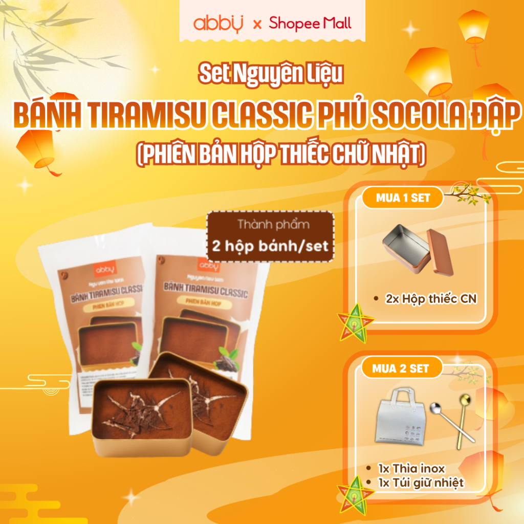 [ABBY] Set nguyên liệu làm bánh đập tiramisu hộp thiếc vị cacao và matcha - Thành phẩm 2 hộp - Không