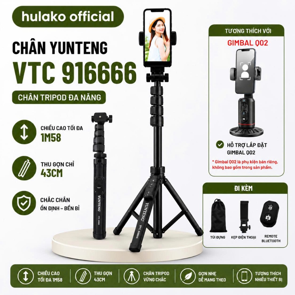 Tripod Điện Thoại Yunteng VCT 91666 HULAKO - Gậy Selfie Tích Hợp Tripod Kèm Remote Pin Bluetooth