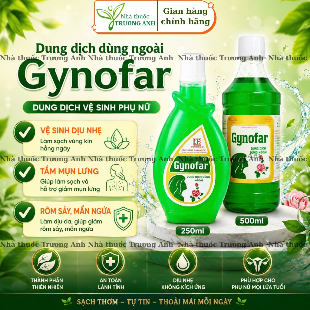 Gynofar - pharmedic. Dung dịch vệ sinh, tắm mụn lưng giúp nhanh, kháng khuẩn, ngừa vêm.