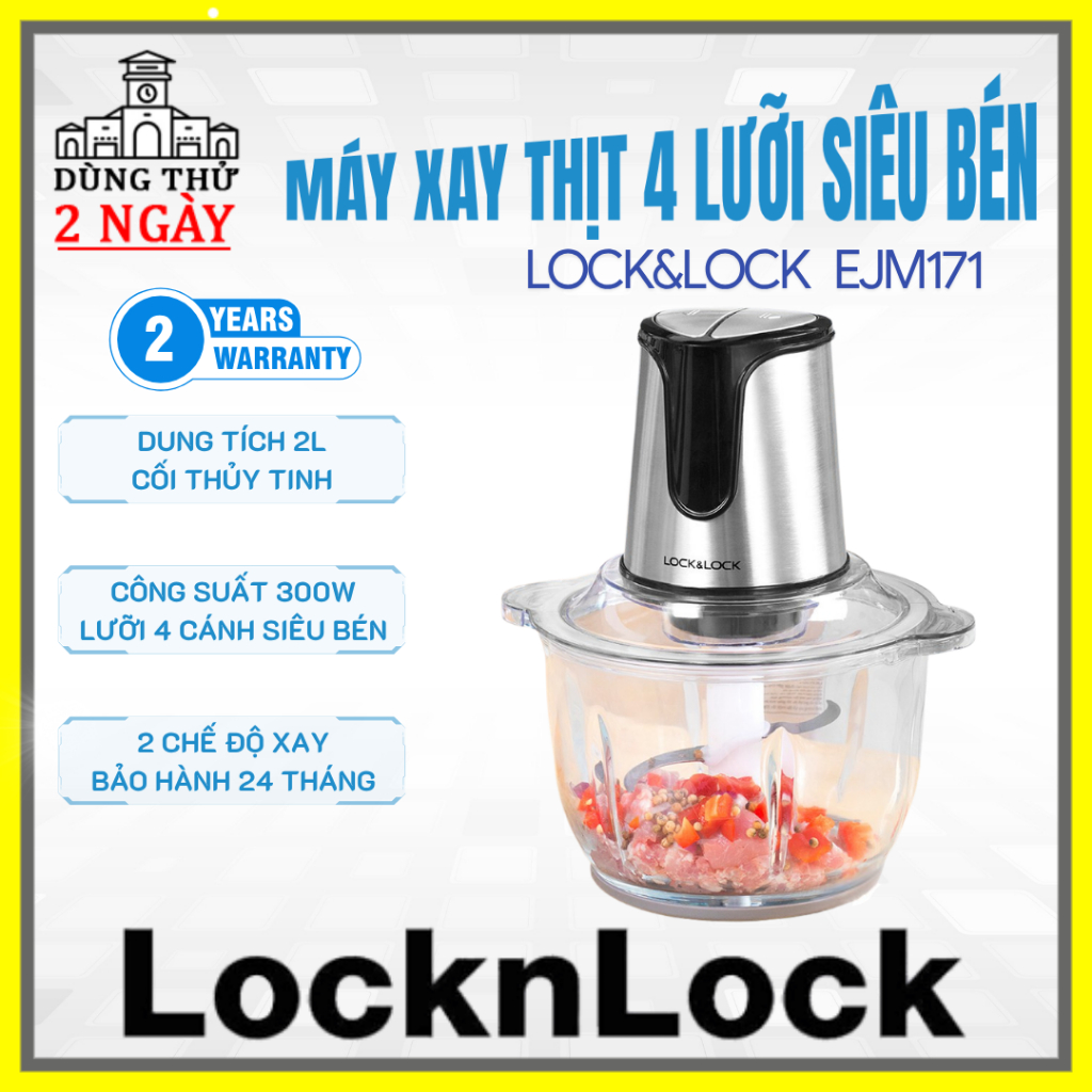 Máy xay thịt LocknLock EJM171, cối thủy tinh 2L, lưỡi dao 4 cánh siêu sắc bén, bảo hành 2 năm