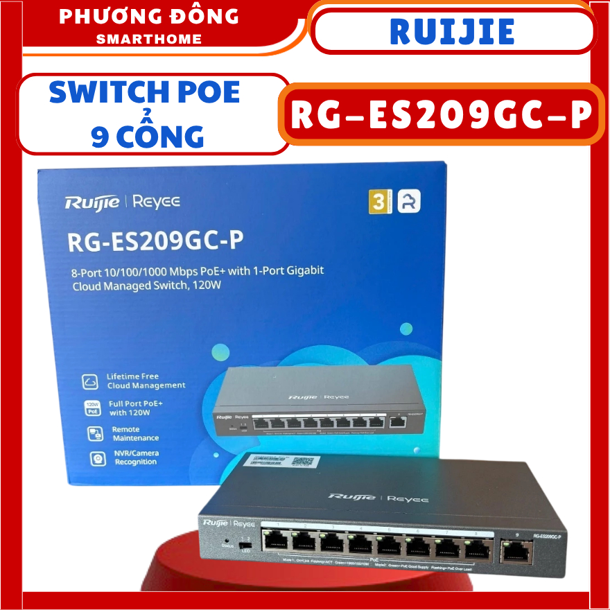 SWITCH POE 9 CỔNG RUIJIE RG-ES209GC-P - Tốc độ chuyển mạch 18Gbps, MAC 2K, Chống sét 4KV, Tích hợp W