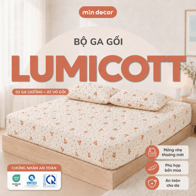 Bộ Drap Nệm Lumicott  Dùng 4 Mùa Mịn Decor, Bộ Ga Gối 3 Món Bo Chun 10-25cm Nhiều Kích Thước