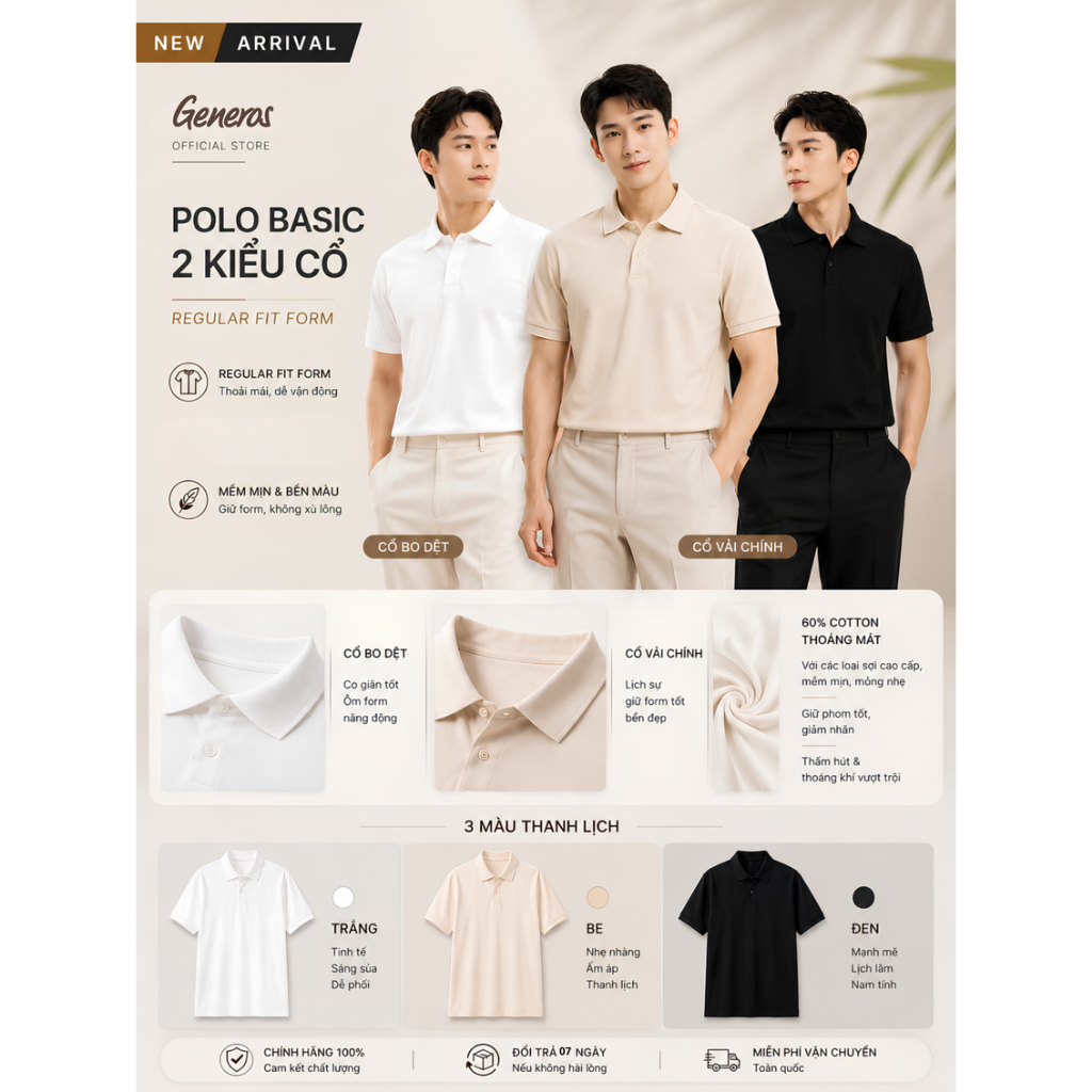 Áo Polo Nam Ngắn Tay Generos Form Regular Vải Cotton Mềm Mịn Thoáng Mát MF010126008 & MF010126011