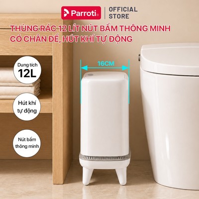 Thùng Rác Khe Hẹp Thông Minh Parroti Dung Tích 12L Nút Bấm Khóa Mùi Hút Khí Tự Động Có Chân Cho Nhà Tắm Toillet, Bếp