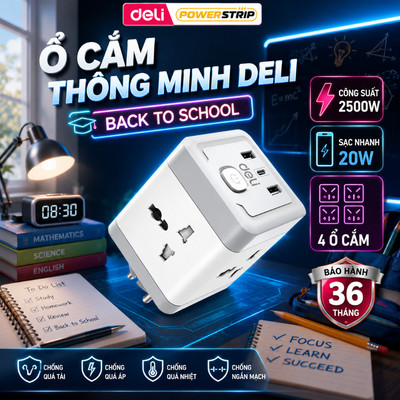 [HOT] Ổ Cắm Trụ Vuông DELI Đa Năng Thông Minh 2500W 4 Lỗ Cắm Sạc USB TypeC Chống Giật An Toàn