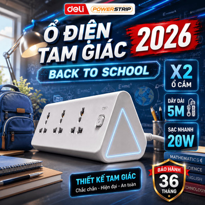 [BÁN CHẠY] Ổ Điện Đa Năng Deli, Ổ Cắm Tam Giác Tích Hợp USB và TypeC, Cổng Sạc Nhanh PD 20W Thông Minh