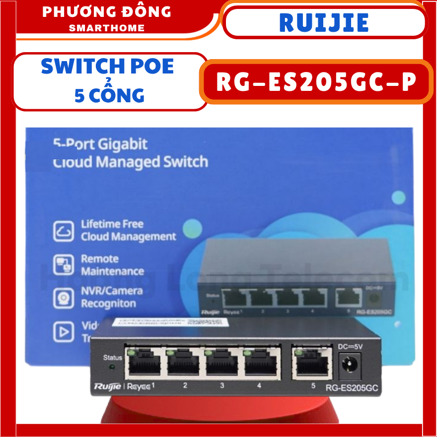 SWITCH POE 5 CỔNG RUIJIE RG-ES205GC-P - Tốc độ chuyển mạch 10Gbps, MAC 2K, Tích hợp Web management, 