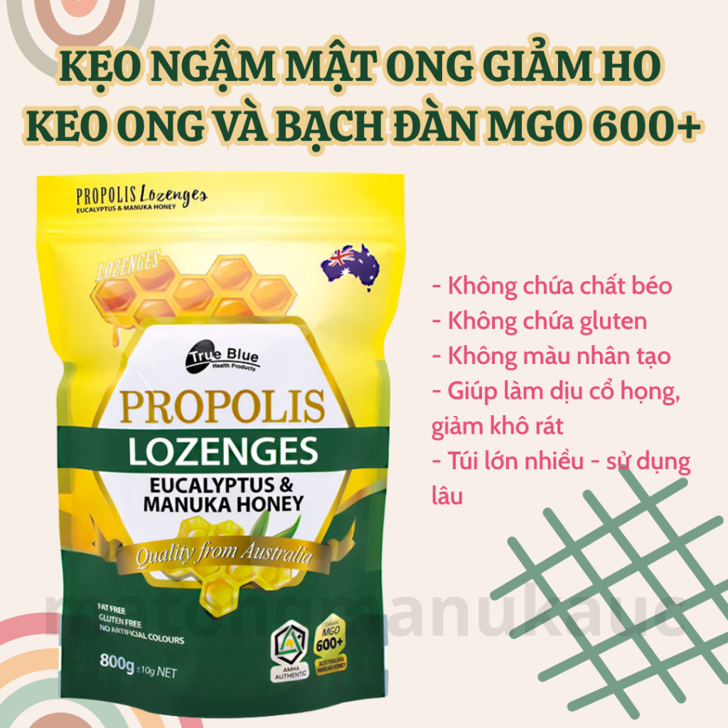 True Blue Kẹo ngậm mật ong manuka Propolis Lozenges Eucalyptus & Manuka Honey