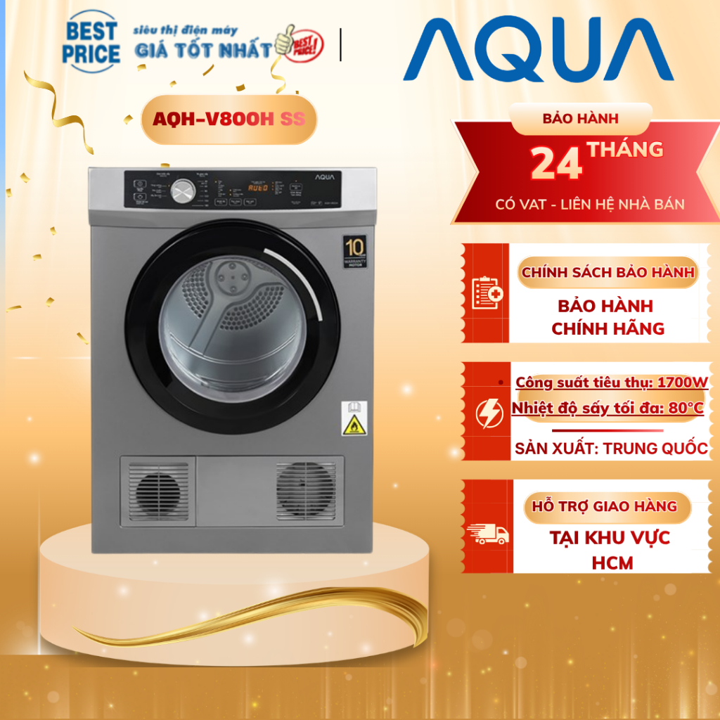 AQH-V800H(SS) Máy Sấy Quần Áo Aqua 8kg, Sấy Thông Hơi, Chống Nhăn, Thiết Kế Sang Trọng AQH-V800H(SS)
