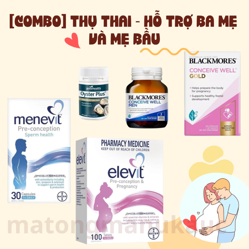 {Combo} Thụ Thai 3 món, hỗ trợ sức khỏe nam giới, mẹ bầu [Menevit, Elevit, Conceive Well Gold]