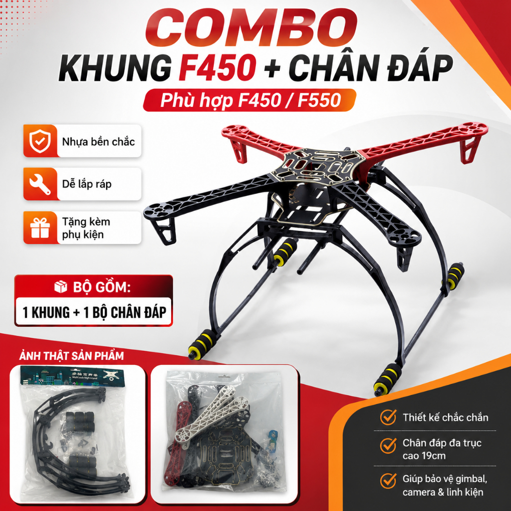 Bộ Khung Drone F450 Kèm Chân Đáp, Đầy Đủ Phụ Kiện Lắp Ráp