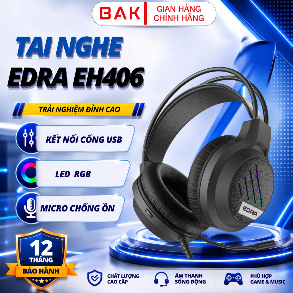 Tai Nghe Chụp Tai Gaming EDRA EH406 LED RGB Âm Thanh Vòm 7.1 kết nối cổng USB
