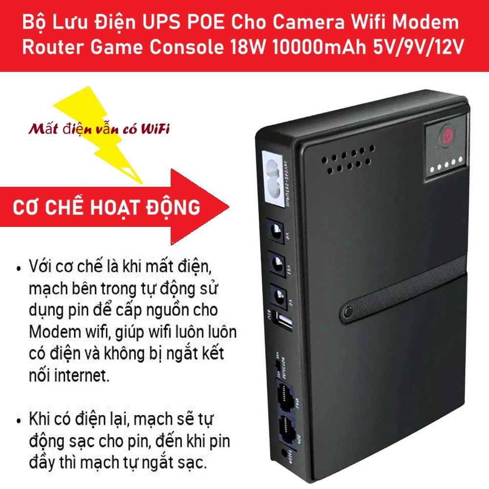 Bộ Lưu Điện UPS POE Camera Wifi Modem Wifi Router 18W 10000mAh 5V/9V/12V - Mất điện vẵn có Wifi xem 