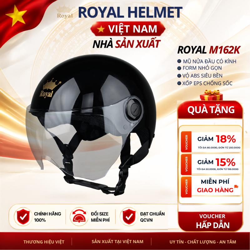 Mũ Bảo Hiểm Nửa Đầu Có Kính Royal M162K Chính Hãng Nam Nữ Bảo Hành 12 Tháng An Toàn