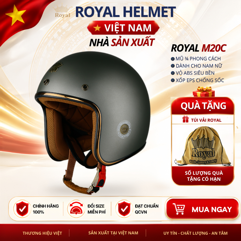 Mũ Bảo Hiểm 3/4 Royal M20C Chính Hãng Size L, XL, XXL Hợp Nam Nữ Phong Cách Bảo Hành 12 Tháng