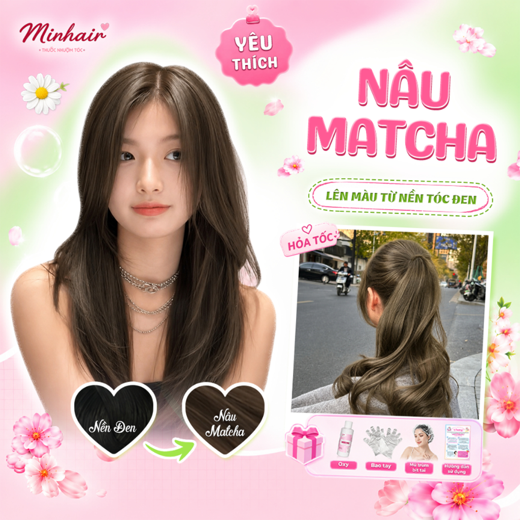Thuốc Nhuộm Tóc Màu NÂU MATCHA Không Tẩy | Minhair tặng kèm bao tay bịt tai
