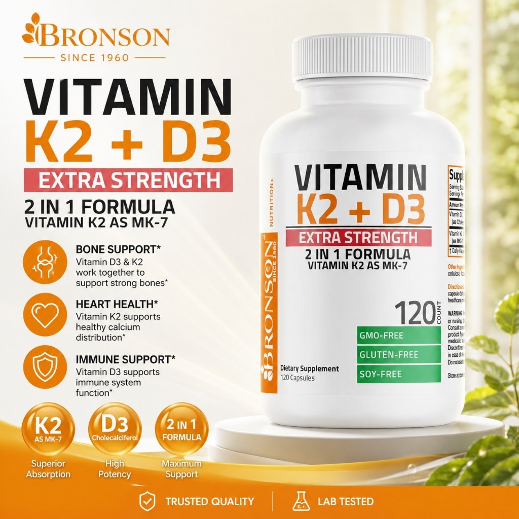 Viên uống Bronson Extra Strength Vitamin K2+D3 120 viên, Vitamin K2 as MK-7 Hỗ trợ xương khớp chắc k