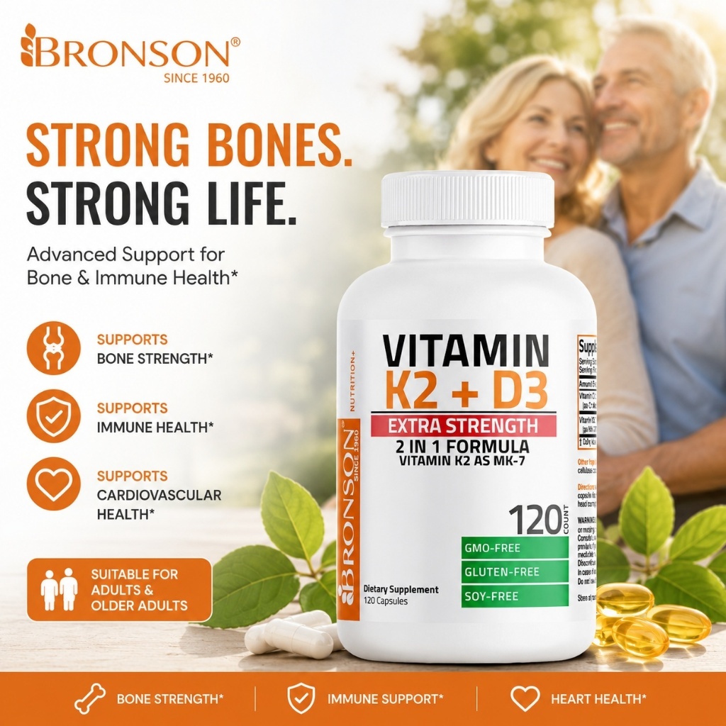 Viên uống Bronson Extra Strength Vitamin K2+D3 120 viên, Vitamin K2 as MK-7 Hỗ trợ xương khớp chắc k