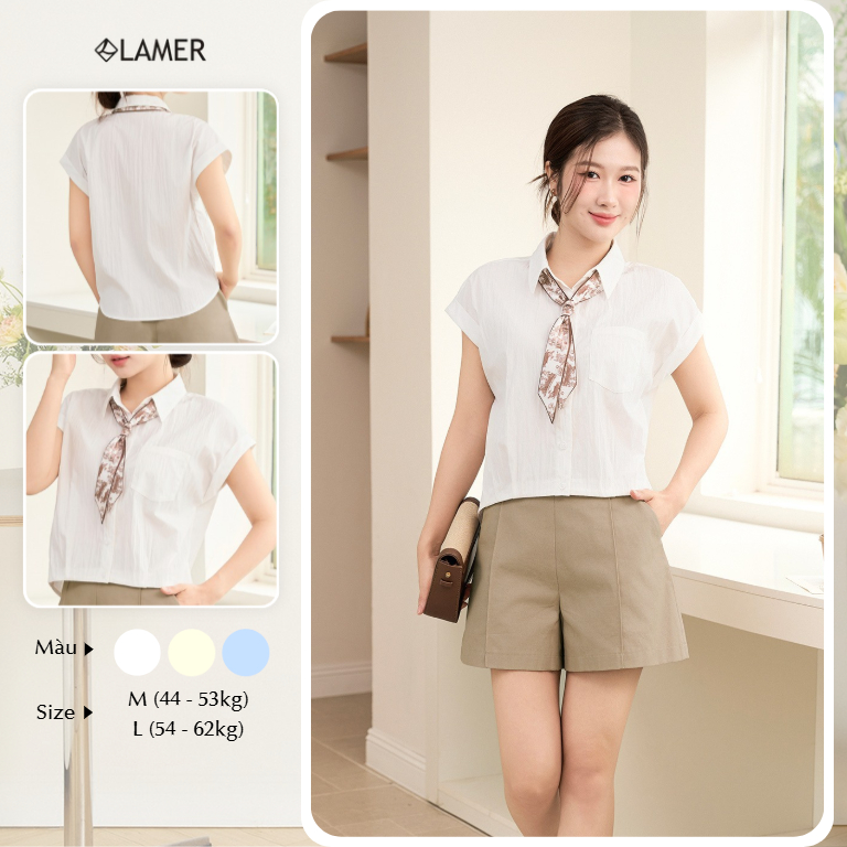 Áo Kiểu Nữ LAMER FASHION Dáng Croptop, Áo Sơ Mi Phối Khăn Vai Chờm O61H26H037