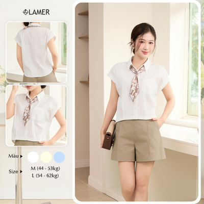 Áo Kiểu Nữ LAMER FASHION Dáng Croptop, Áo Sơ Mi Phối Khăn Vai Chờm O61H26H037