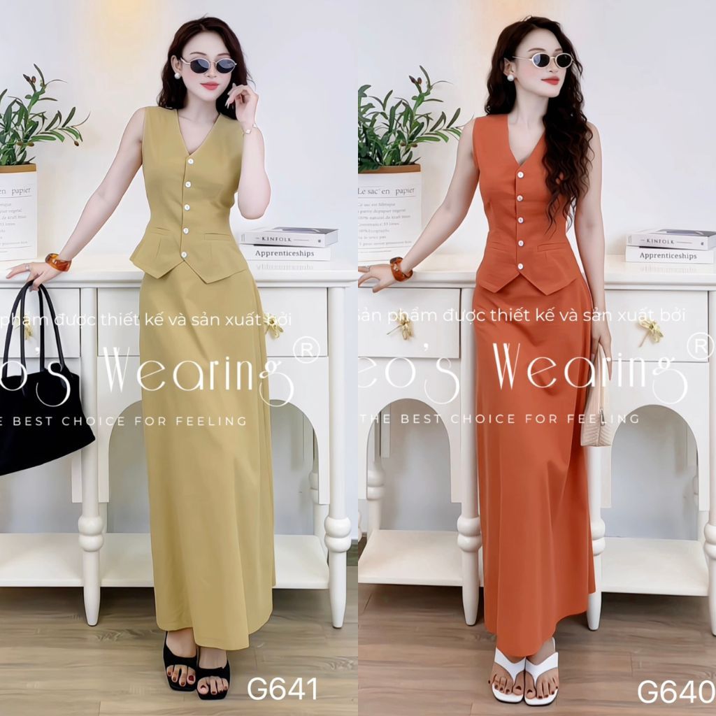 LEOSWEARING Sét Áo Gile Linen  Cổ V Mix Chân Váy Dài G640 G641