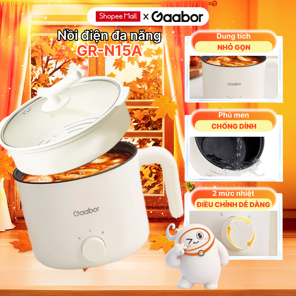 Nồi điện đa năng Gaabor GR-N15A nồi lẩu mini 1.5L chống dính công suất 600W 2 mức nhiệt kèm xửng hấp