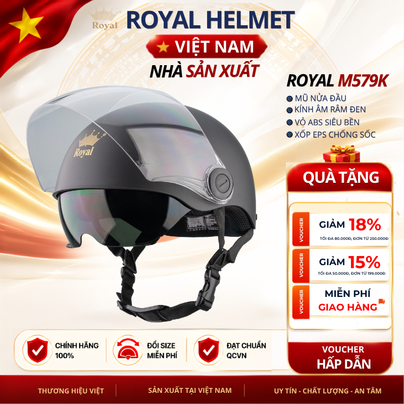 Mũ Bảo Hiểm Nửa Đầu Royal Chính Hãng M579K Kính Dài Chắn Gió Chống UV - Nón Bảo Hiểm 1/2 Đầu Nam Nư